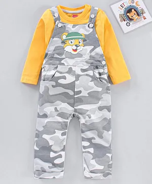 Babyhug Cotton Knit Camo Print Dungaree with Full Sleeves Inner T-Shirt - Grey & Yellow