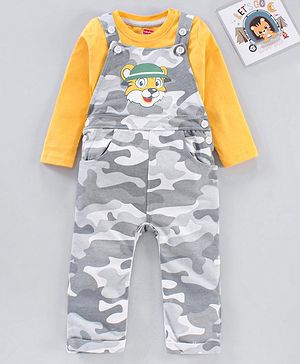 Babyhug Cotton Knit Camo Print Dungaree with Full Sleeves Inner T-Shirt - Grey & Yellow