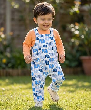 Babyhug Cotton Knit Elephant Print Dungaree with Full Sleeves Inner T-Shirt - Peach White
