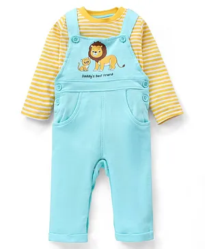Babyhug 100% Cotton Knit Sleeveless Lion Printed Dungaree With Full Sleeves Striped Tee - Yellow Blue