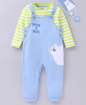 Babyhug Dungaree and Full Sleeves Striped T-Shirt Set Text and Polar Bear Embroidery - Light Green Light Blue