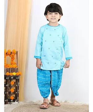 Kinder Kids Full Sleeves Motif Embroidered Kurta With Katha Printed Dhoti - Blue