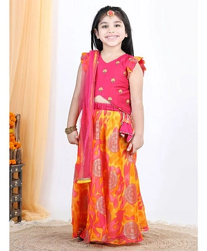 Kinder Kids Cap Frill Sleeves Floral Foil Embellished Double Layered Lace Work Skirt With Embroidered Top And Dupatta  - Pink