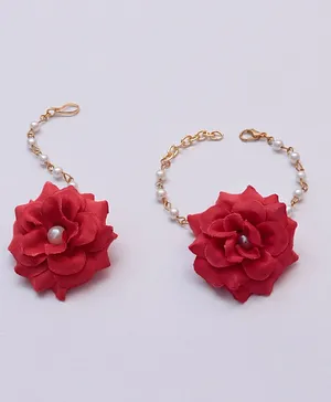 Daizy Set Of 2 Rose & Pearl Chain Embellished Maang Teeka - Red