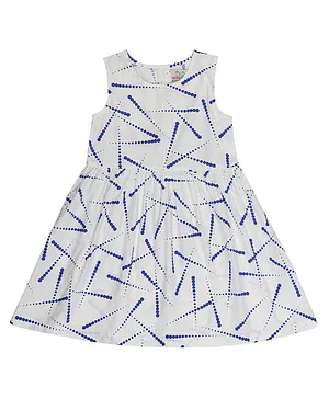 Young Birds Sleeveless Abstract Dotted Lines Fit & Flared Gathered Dress - White & Blue