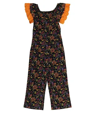 Young Birds Short Schiffli Sleeves All Over Seamless Forest Printed Jumpsuit - Black & Multi Color