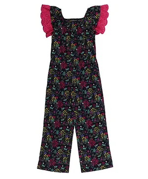 Young Birds Short Schiffli Sleeves All Over Seamless Forest Printed Jumpsuit - Navy Blue & Multi Color