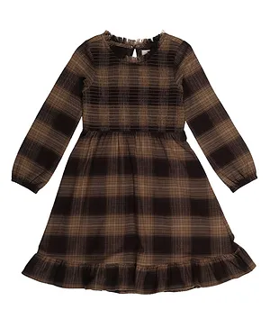 Young Birds Full Puffed Sleeves Fringed Neck Checked Gathered Dress - Fawn