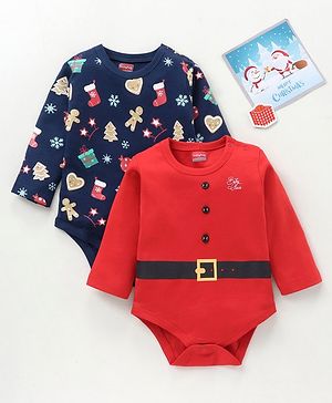 Babyhug 100% Cotton Full Sleeves Onesies Christmas Theme & Text Print - Pack of 2