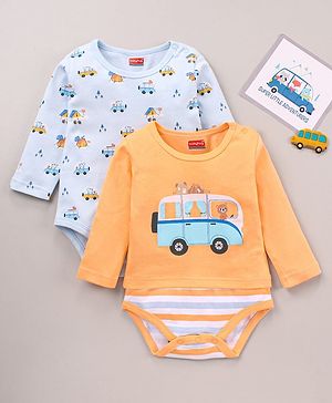 Babyhug 100% Cotton Knit Full Sleeves Cars & Bus Printed Onesies Pack Of 2 - Multicolour