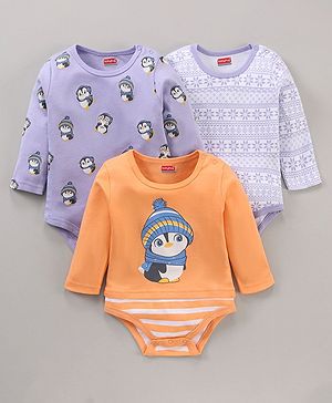 Babyhug 100% Cotton Knit Full Sleeves Penguin Printed Onesies Pack Of 3 - Multicolour