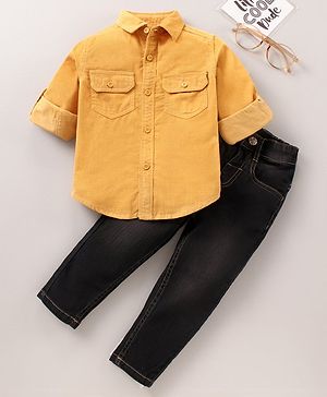 Babyhug Cotton Knit Solid Full Sleeves Shirt and Jeans Pant - Yellow Black
