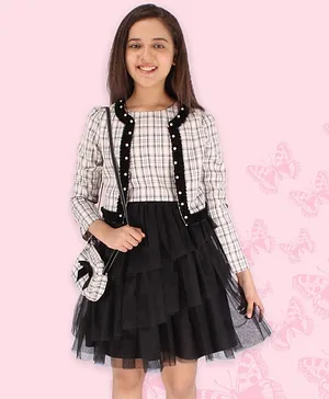 Cutecumber Full Sleeves Checked With Layered Net & Satin Embellished Party Wear Dress & Coordinated Shrug With Sling Bag - Black & Off White