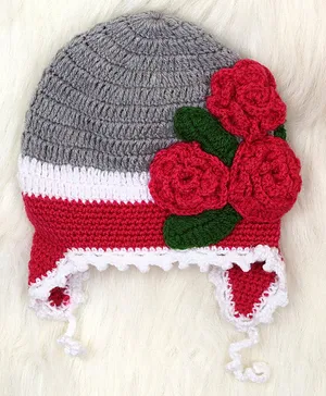 The Original Knit Handmade Rose Detail Color Block Winter Cap - Grey & Red