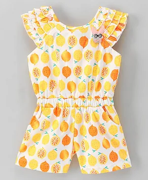 Enfance Core Cap Frill Sleeves Fruits Printed Jumpsuit - Yellow & White