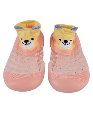 POPLINS Baby Skid Proof Animal Face & Striped Design Detailed Sock Shoes - Pink