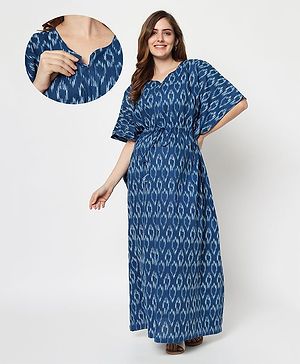 Aujjessa Half Batwing Sleeves Seamless Abstract Pattern Printed Kaftan Style Maternity Feeding Dress - Indigo