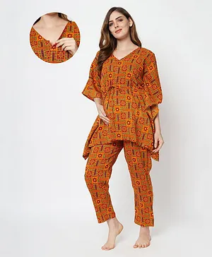 Aujjessa Half Batwing Sleeves Seamless Aztec Motif Printed Kaftan Style Maternity Top With Coordinating Pyjama - Orange