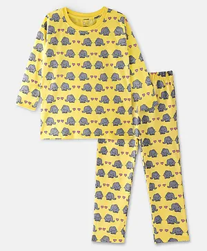 Cuddles For Cubs 100% Cotton Full Sleeves Hearty The Haathi Print Night Suit - Yellow