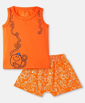 Cuddles For Cubs 100% Cotton Sleeveless Tickle Time Print Top With Shorts - Orange
