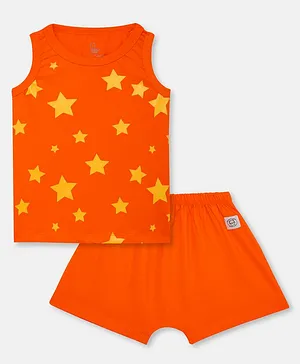 Cuddles For Cubs 100% Cotton Sleeveless Rising Star Print Top With Shorts - Orange