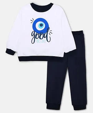 Cuddles For Cubs 100% Cotton Full Sleeves Good Vibes Only Print Sweatshirt And Jogger - White