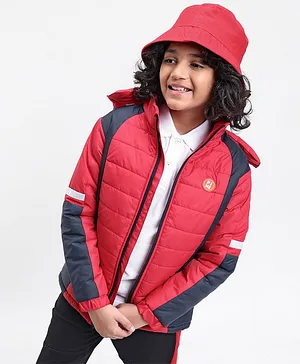 Pine Kids Full Sleeves Moderate Winter Padded Hooded Jacket Colour Block - Red