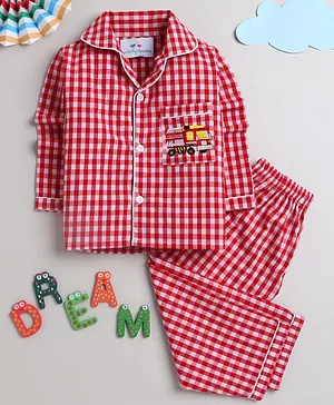 Knitting Doodles Full Sleeves Yarn Dyed Gingham Checked & Fire Truck Embroidered Night Suit - Red