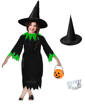 Sarvda California Horror Halloween Theme Cosplay Devil Witch Three Fourth Sleeves Costume Set With Reversible Cape, Pumpkin Basket, Felt Mask, Hat & Scary Teeth- Green