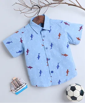 Knitting Doodles Half Sleeves Sharks Printed Dobby Shirt - Blue