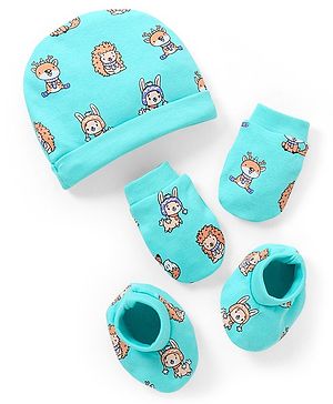Babyhug 100% Cotton Animal Printed Cap Mittens & Booties Blue - Cap Diameter 10 cm