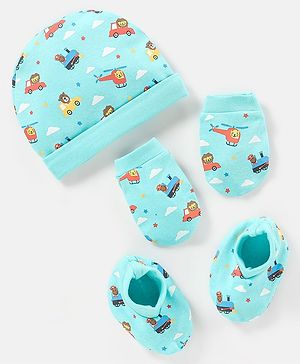 Babyhug 100% Cotton Vehicle Printed Cap Mittens & Booties- Cap Diameter 10.5 cm