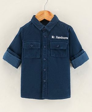 Babyhug Full Sleeves Cotton Corduroy Shirt Text Embroidered-Blue
