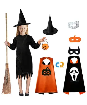 Sarvda California Horror Halloween Theme Cosplay Devil Witch Character Role Play Three Fourth Sleeves Costume Set - Orange & Black