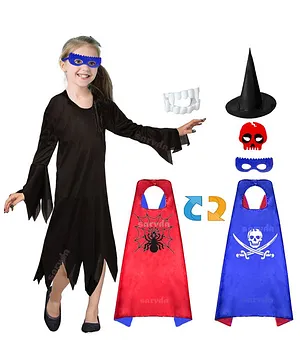 Sarvda California Horror Halloween Theme Cosplay Devil Witch Full Sleeves Dress With Reversible Cape Set - Blue & Black