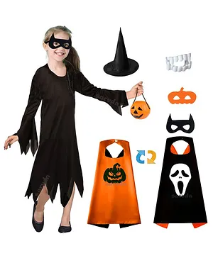 Sarvda California Horror Halloween Theme Cosplay Devil Witch Full Sleeves Dress With Reversible Cape Set - Orange & Black