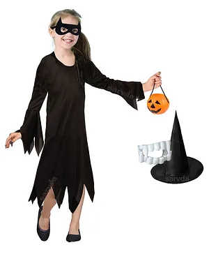 Sarvda California Horror Halloween Theme Cosplay Devil Witch Full Sleeves Dress Set - Orange & Black