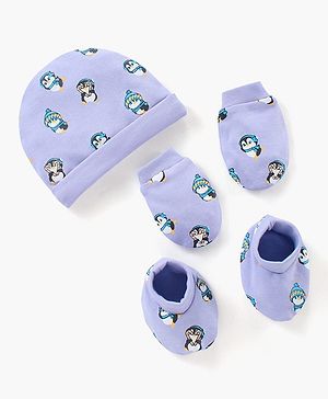 Babyhug 100% Cotton Cap Mittens & Booties Set Penguin Print Purple - Diameter 11 cm