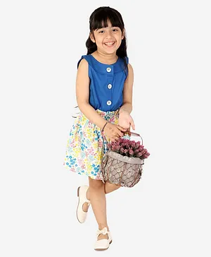White Dahlia Sleeveless Flower Placement Printed Dress - Blue