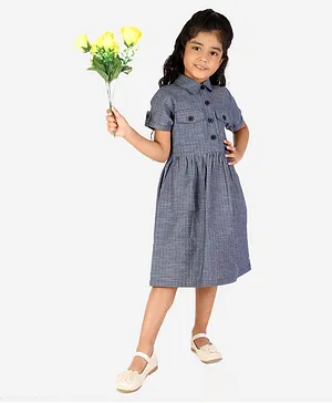 White Dahlia Half Sleeves Seamless Stripe Design Detailed Fit & Flare Dress - Blue