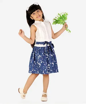 White Dahlia Sleeveless Pleated Bodice & Abstract Placement Printed Fit & Flare Dress - White & Blue