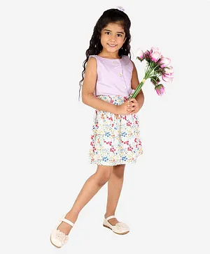 White Dahlia Sleeveless Floral Printed With Solid Bodice Dress  - Purple & Multi Colour