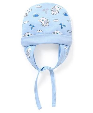 Babyhug 100%  Cotton Tie Knot Elephant Printed Cap Blue - Diameter 10 Cm