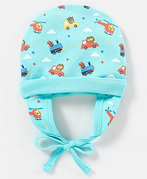 Babyhug 100% Cotton Vehicle Print Tie Knot Cap Blue - Diameter 9 Cm