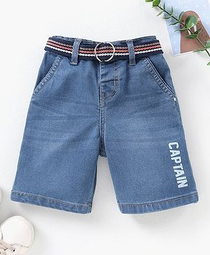 Babyhug Cotton Above Knee Length Washed Denim Bermuda with Belt Text Print - Blue