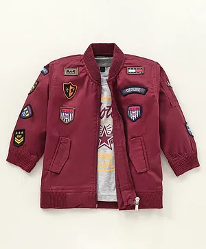 Rikidoos  Full Sleeves Rider Sports Theme Patched Jacket With Motor Text & Star Printed Tee - Maroon
