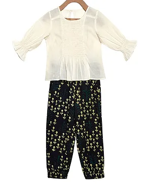 Charkhee Full Puffed Sleeves Solid Smocked Top With Leaves Printed Pants - White & Green