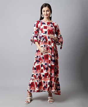 Moms Maternity Three Fourth Bell Sleeves Geometric Abstract Printed Maxi Dress - Maroon