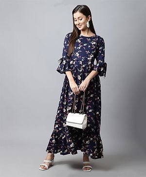 Moms Maternity Three Fourth Bell Sleeves Floral Printed Maternity Maxi Dress - Navy Blue