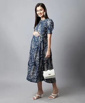 Moms Maternity Half Puffed Sleeves Paisley Printed Maternity Midi Dress - Blue